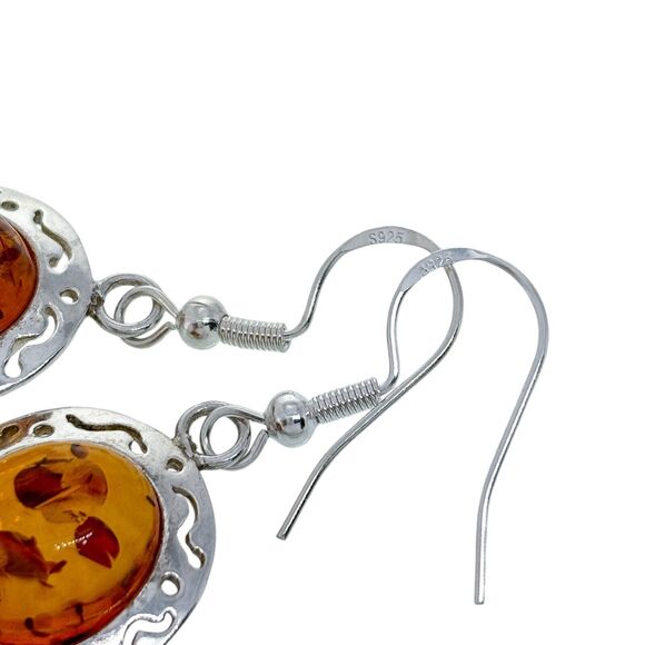 Vintage Sterling Silver 925 Cut Out Amber Cabochon Dangle Earrings - Picture 3 of 5